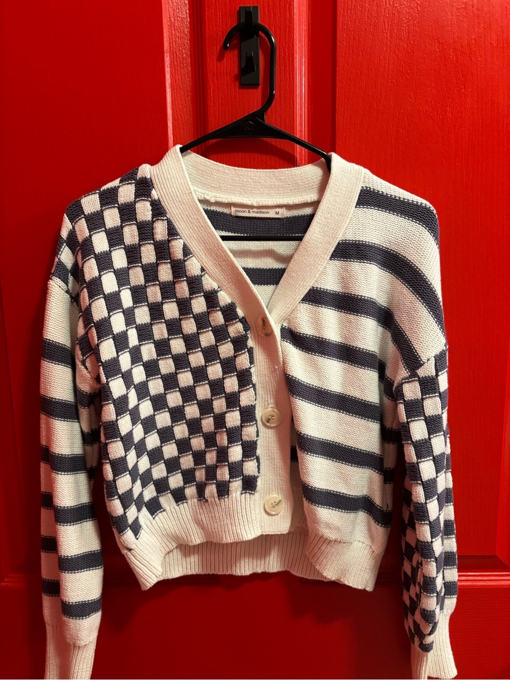 moon & madison Navy and White Checkerboard Stripe V-Neck Cardigan